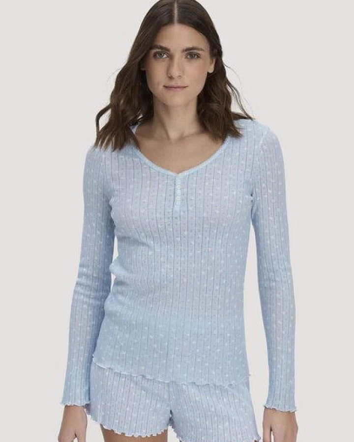 hessnatur Pointelle Henley Schlafshirt PURE COTTON aus reiner Bio-Baumwolle
