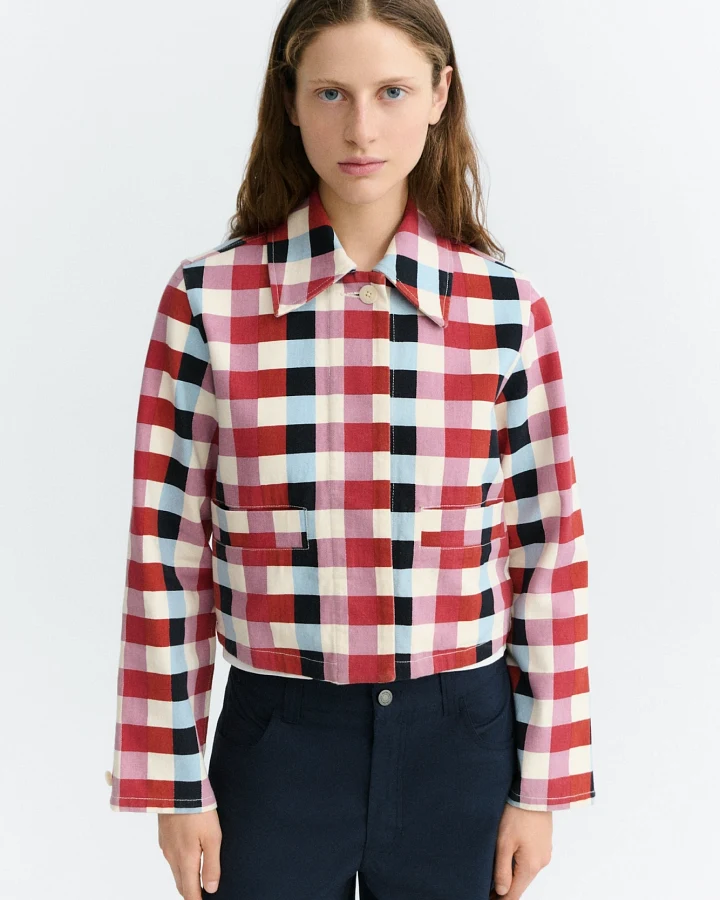 Thinking MU Damen vegan Jacke Astrid In Rot Mit Cheshire Karos