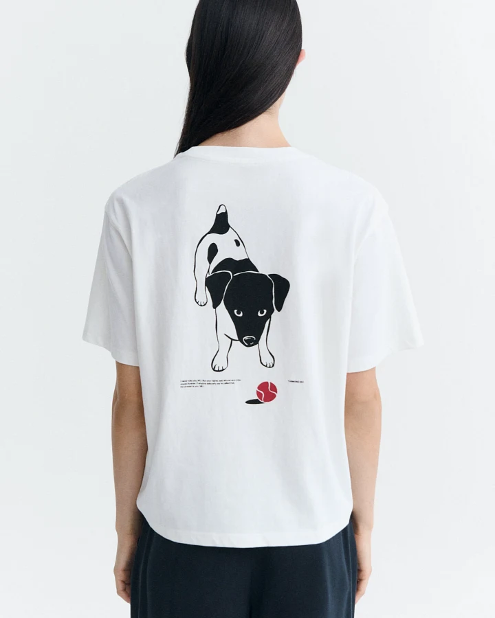 Thinking MU Damen vegan T-Shirt Lucia Dog Ball Weiß