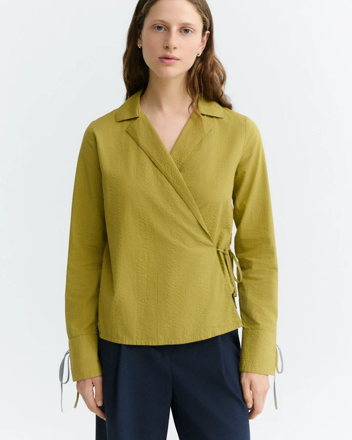 Thinking MU Damen vegan Wickelbluse Lenie Aus Seersucker Grün