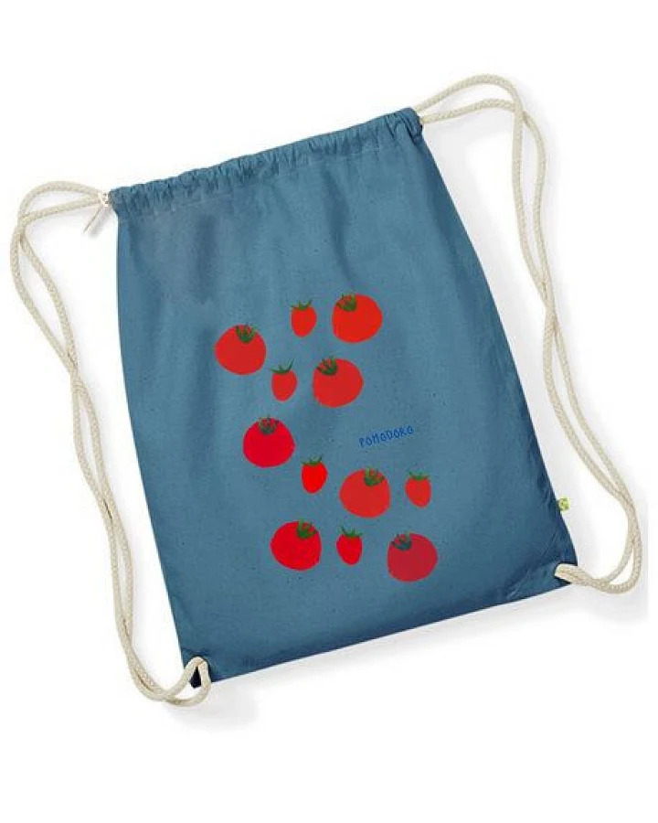 MELAdi Stringbag und Sportbeutel aus Biobaumwolle - Pomodoro auf Sky Blue