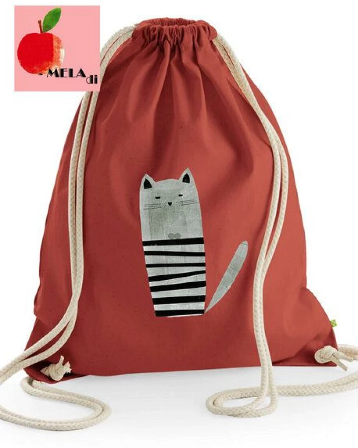 MELAdi Stringbag und Sportbeutel aus Biobaumwolle - graue Katze auf Rusty Red