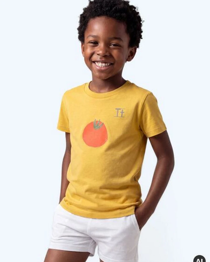 MELAdi Kinder Shirt aus Biobaumwolle - Tomate auf Ocre Gelb