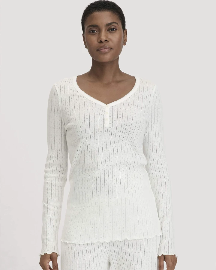 hessnatur Damen Pointelle Henley Schlafshirt PURE COTTON aus Bio-Baumwolle - weiß - Größe 34