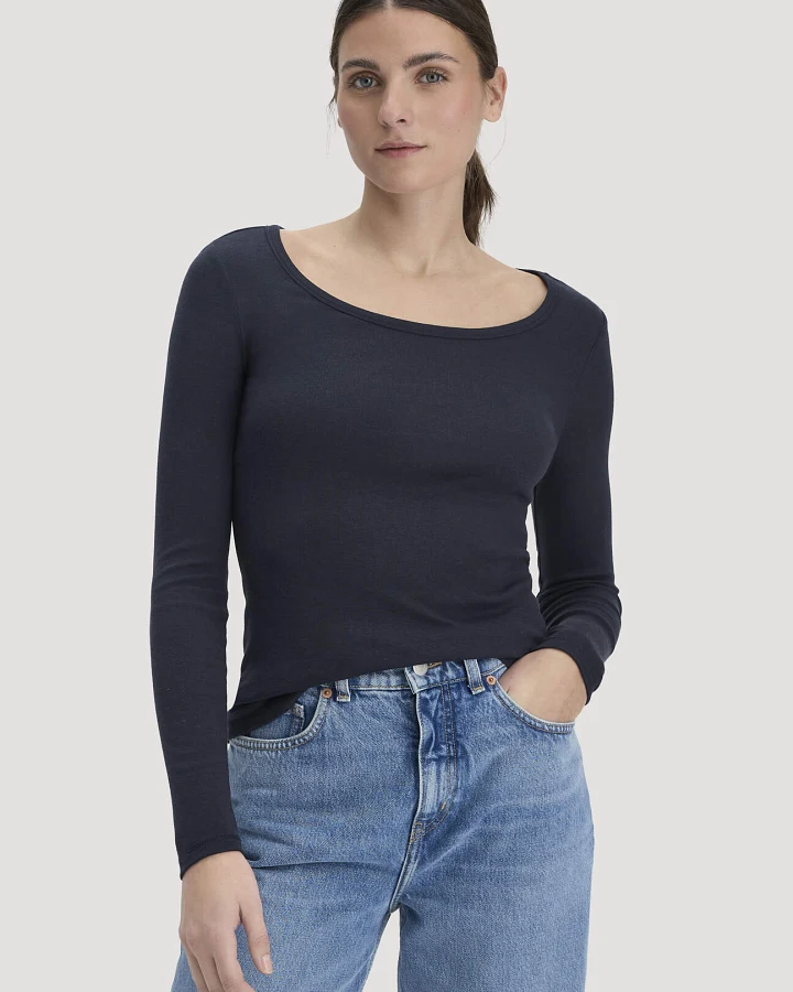 hessnatur Damen Softrib Longsleeve Fitted aus Bio-Baumwolle und TENCEL™ Modal - blau - Größe 42