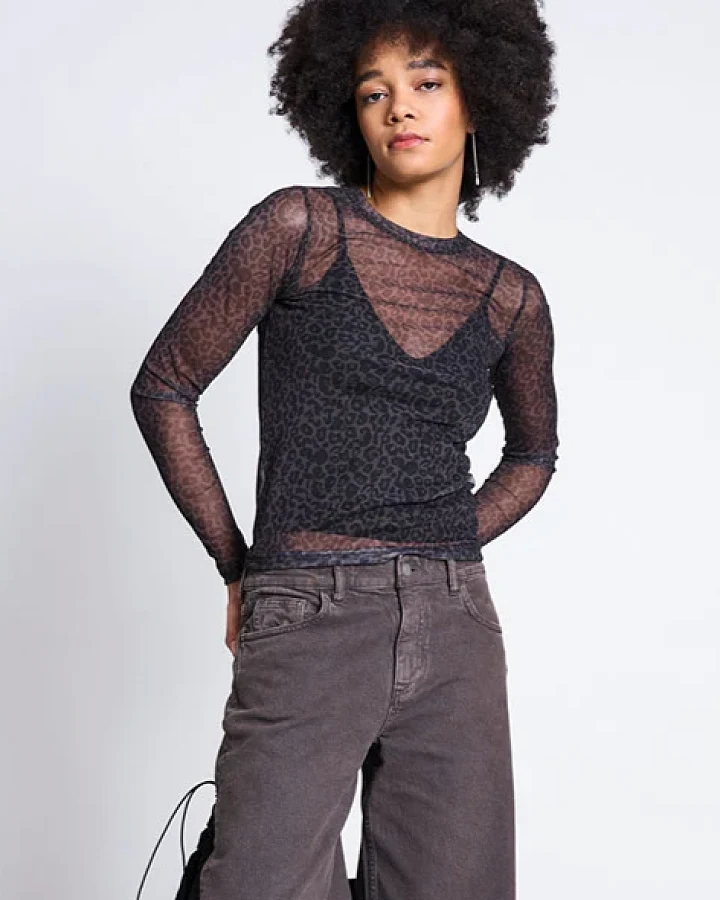 JAN 'N JUNE Damen vegan Top Dora Mesh Dark Leopard