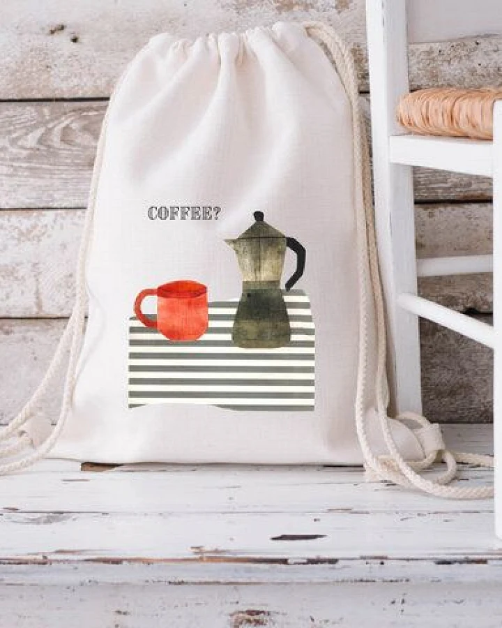 MELAdi Stringbag und Sportbeutel aus Biobaumwolle - Kaffeepause auf Naturweiß