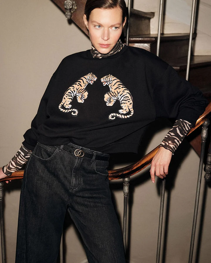 Damen vegan Sweatshirt Statement Tiger Schwarz