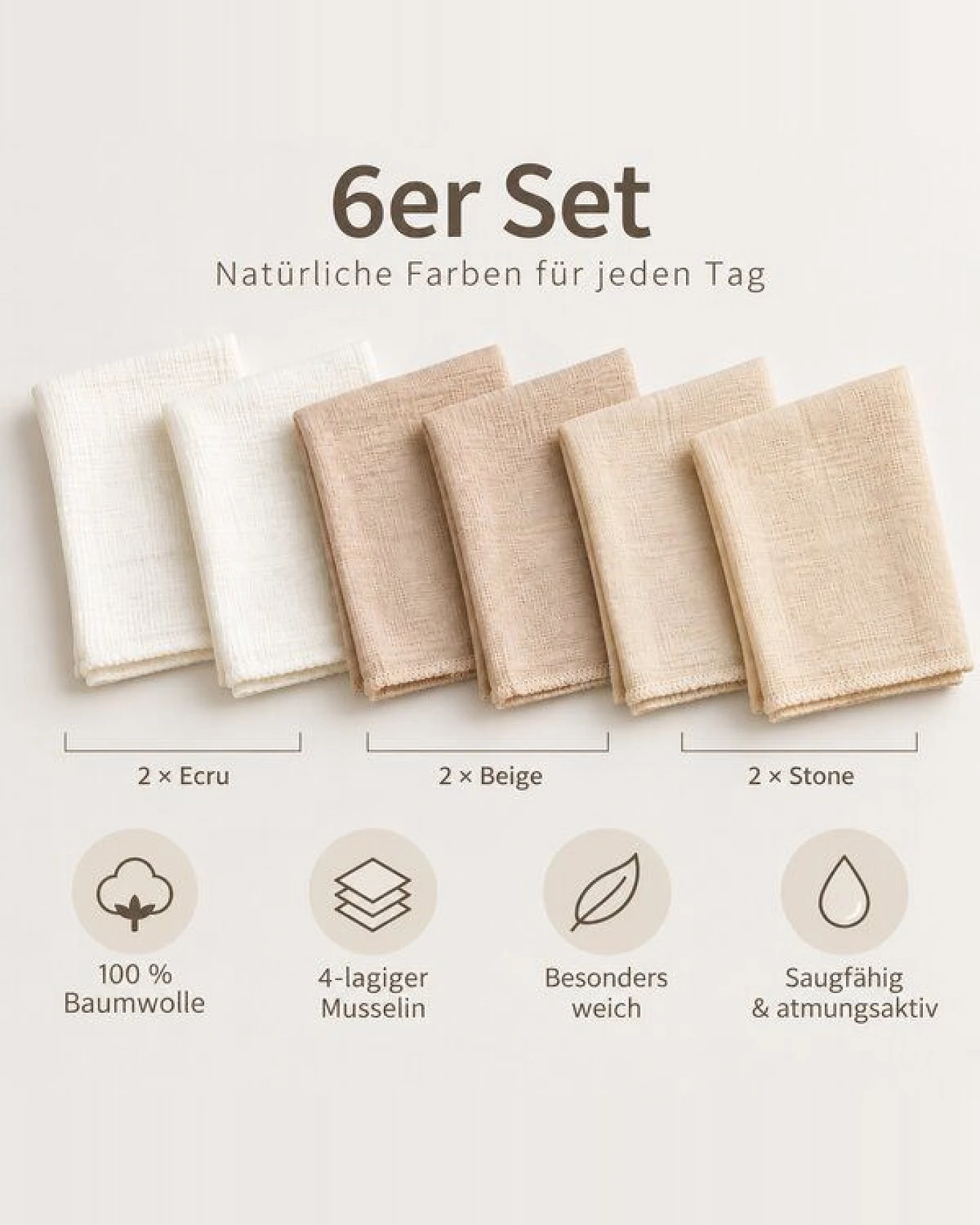 bistyle Musselin-Mundtücher - extra dicker 4 lagiger - 20x20cm - 6er Pack - zertifiziert – Bio Baumwolle – Ansicht 3