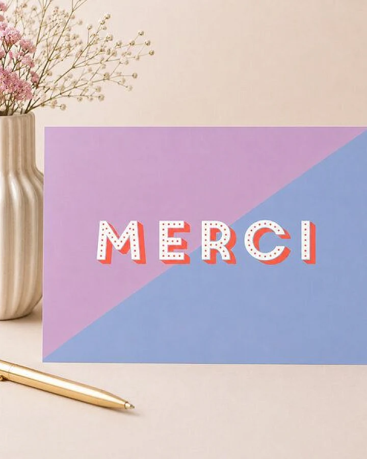 Bow & Hummingbird Dankeskarte „Merci“ – moderne Danke Karte, Postkarte zum Dankeschön in Rosa Blau mit Neon-Orange