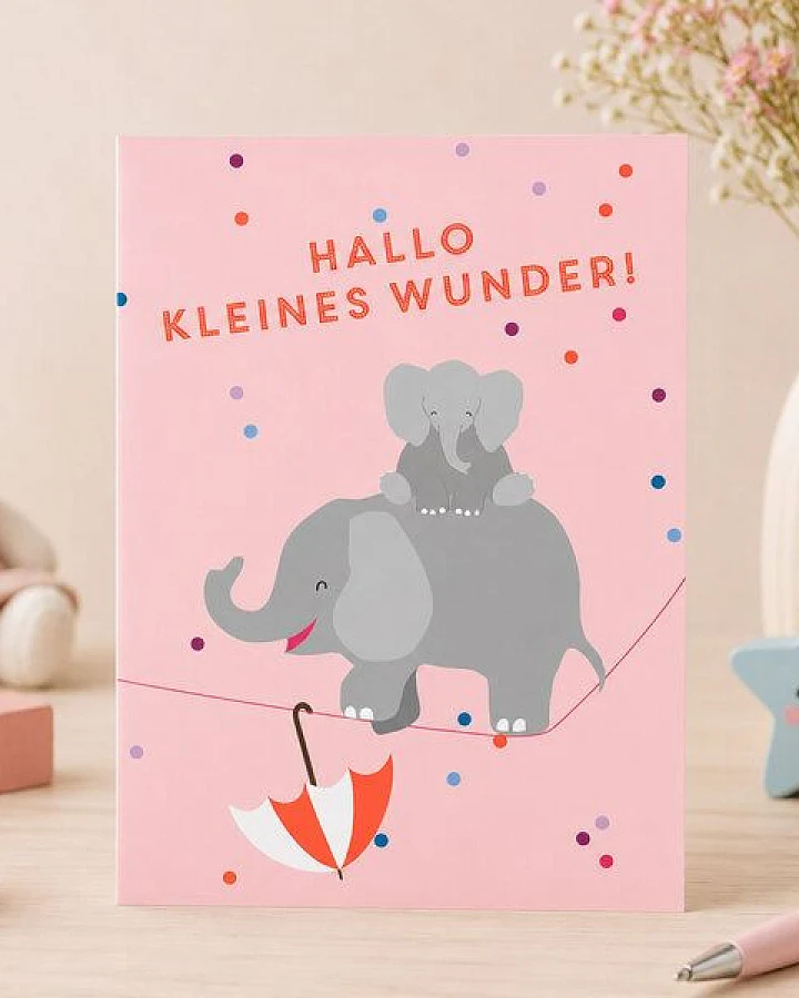 Bow & Hummingbird Karte zur Geburt „Hallo kleines Wunder“ – Baby Karte Mädchen mit Elefanten, rosa Glückwunschkarte zur Geburt
