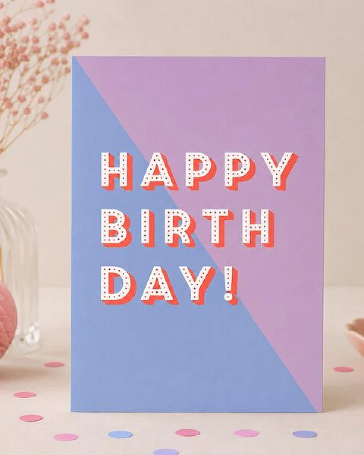 Bow & Hummingbird Karte zum Geburtstag „Happy Birthday“ – moderne Postkarte Geburtstag in Blau Lila mit Neon-Orange
