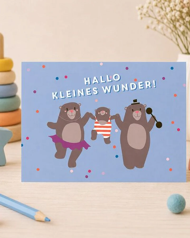 Bow & Hummingbird Karte zur Geburt „Hallo kleines Wunder“ – Baby Karte Junge mit Bären, blaue Glückwunschkarte zur Geburt