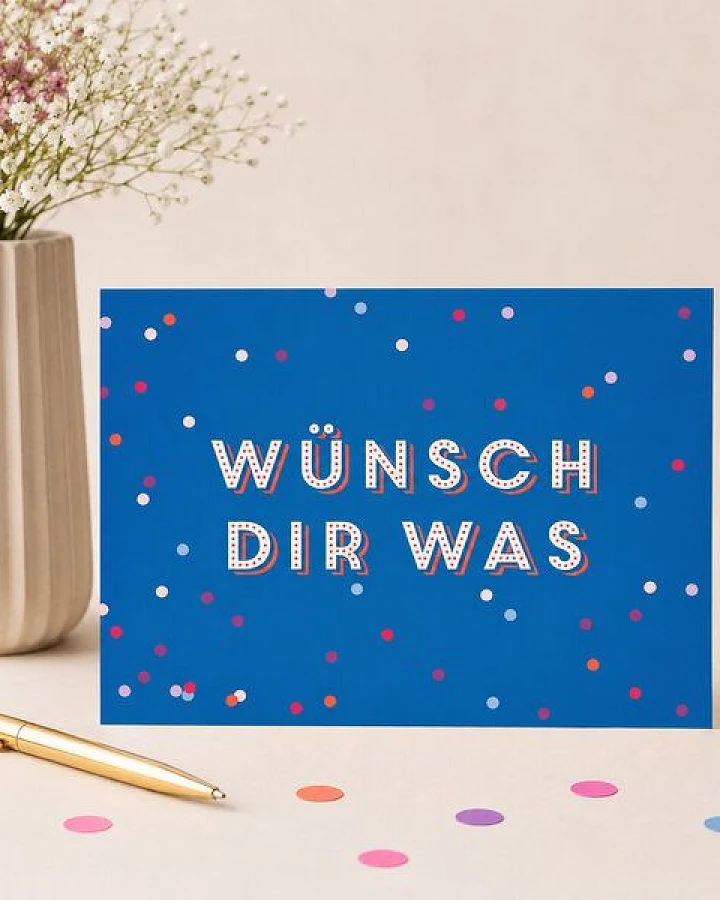 Bow & Hummingbird Postkarte Geburtstag „Wünsch dir was“ – moderne Geburtstagskarte, bunte Glückwunschkarte zum Geburtstag