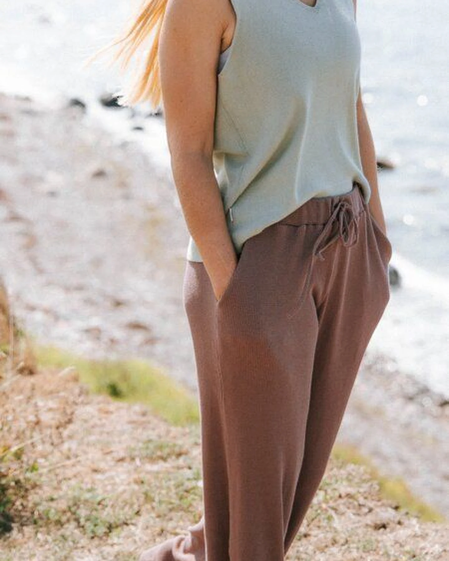 FUXBAU Frauen Waffelstrick Hose - braun – Ansicht 3