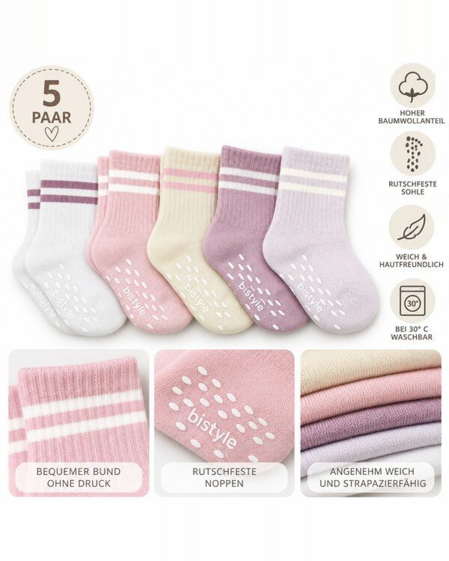 bistyle Baby-Socken Basic 5er-Pack – Kurzsocken, GOTS-zertifiziert, hoher Baumwollanteil Rutschfeste Sohle – Ansicht 3