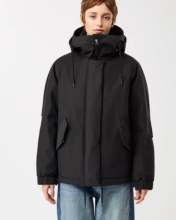 LangerChen Damen vegan Kurzer Wattierter Parka Schwarz