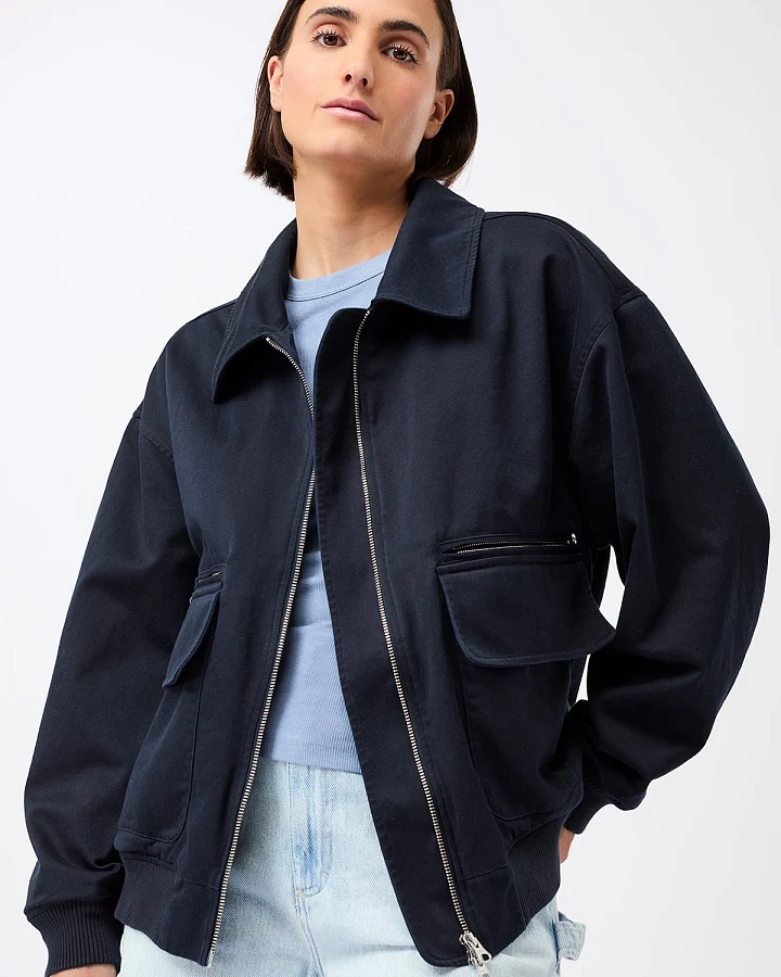 LangerChen Damen vegan Blouson-Jacke Mit Großen Taschen Marineblau