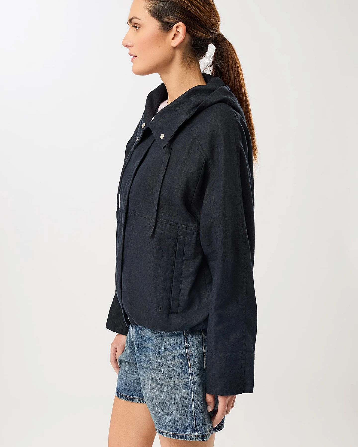 LangerChen Damen vegan Weite Jacke Mit Kapuze Und Kordelzug Marineblau – Ansicht 2