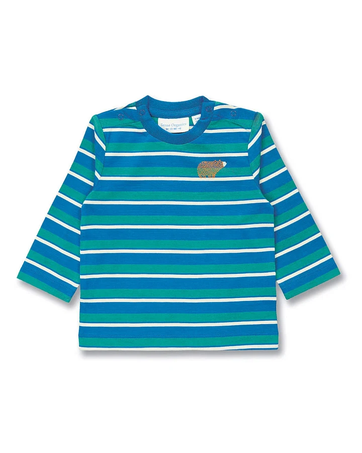 Baby Langarmshirt in Blau-petrolgrün geringelt, Modell ELAN