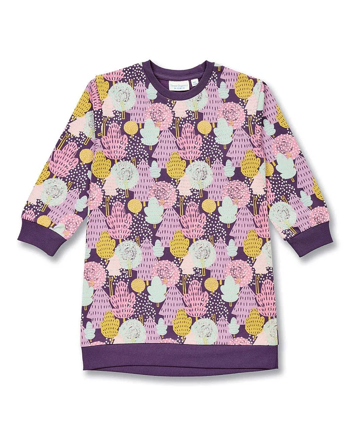 Sweatkleid mit Baum-Druck auf Pflaume, Modell JOLA