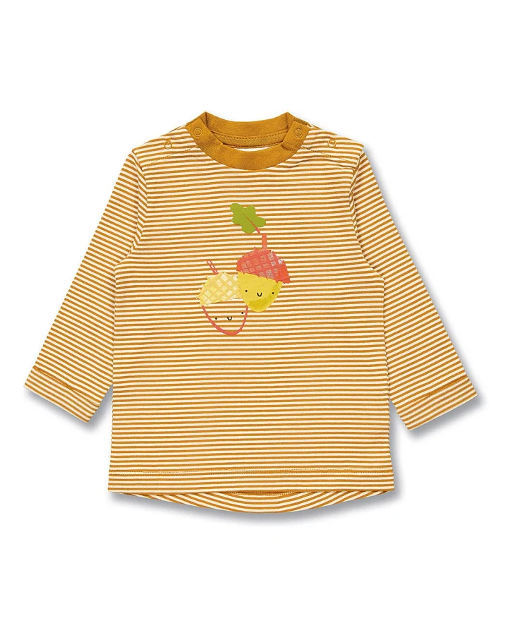Baby Langarmshirt in Currygelb-weiß geringelt, Modell LEJA