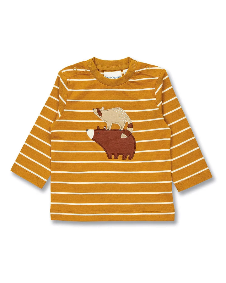 Baby Langarmshirt in Currygelb-weiß geringelt, Modell ELAN