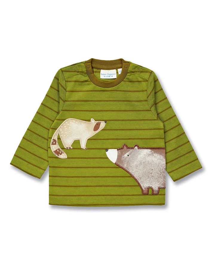Baby Langarmshirt in Farngrün-Oliv geringelt, Modell ELAN