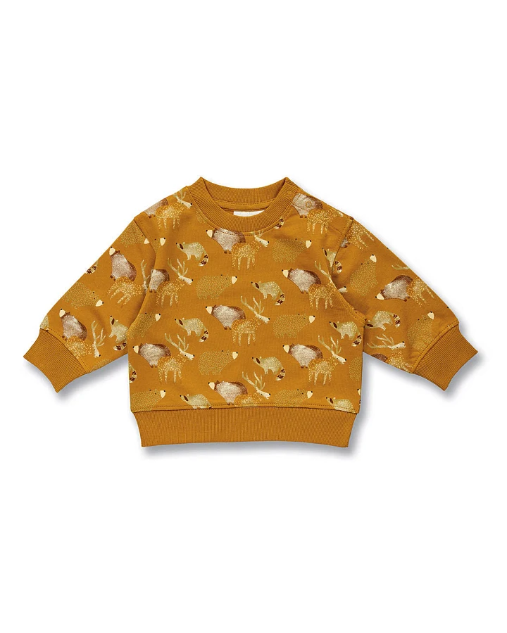 Baby Sweatshirt mit Waldtier-Druck auf Currygelb, Modell SIAM