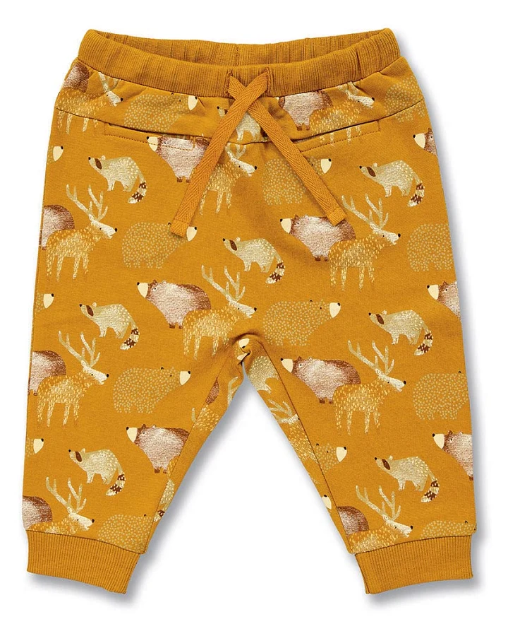 Babyhose mit Waldtier-Druck auf Currygelb, Modell CANDY