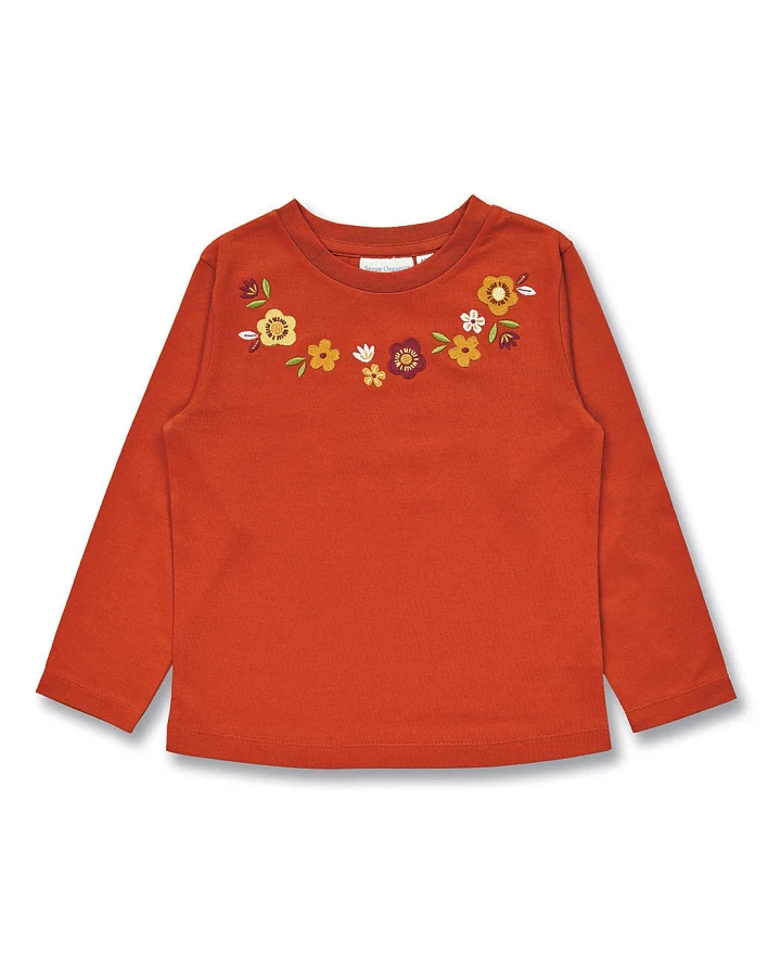 Mädchen Langarmshirt mit Blumen auf Terrakottarot, Modell YOOBI