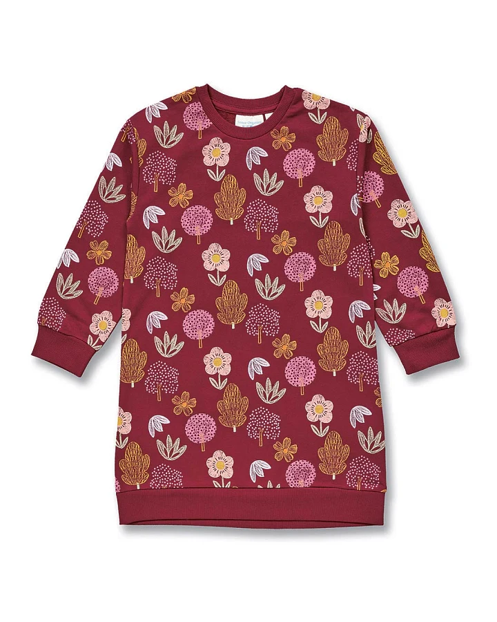 Mädchenkleid mit Blumendruck auf Weinrot, Modell JOLA