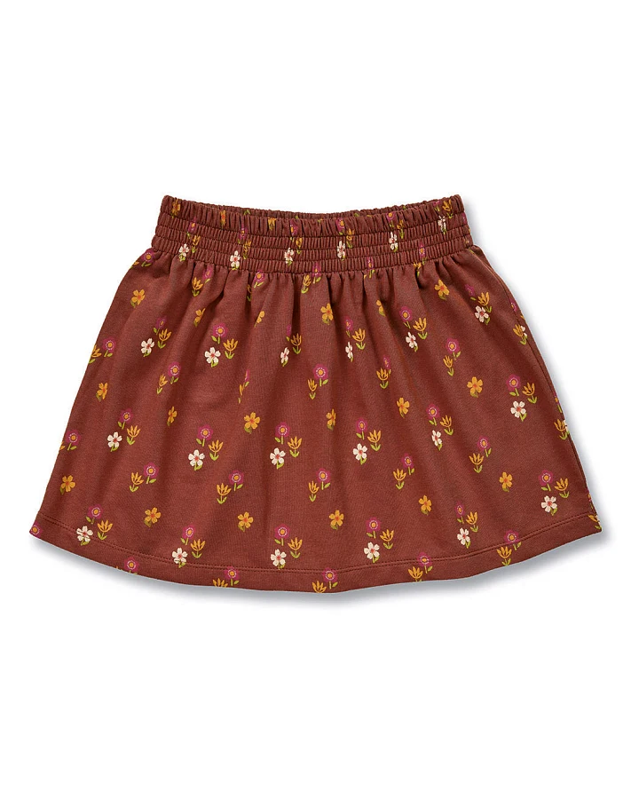 Mädchenrock mit Blumen-Druck auf Braun, Modell MALIA