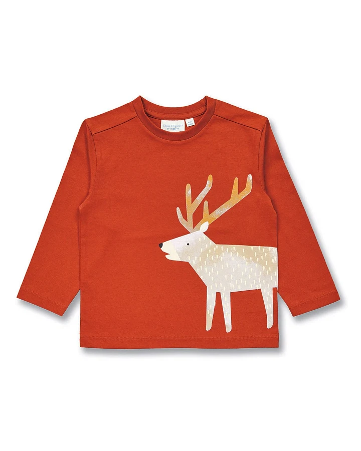 Kinder Langarmshirt mit Hirsch-Druck auf Terrakottarot, Modell LUKE