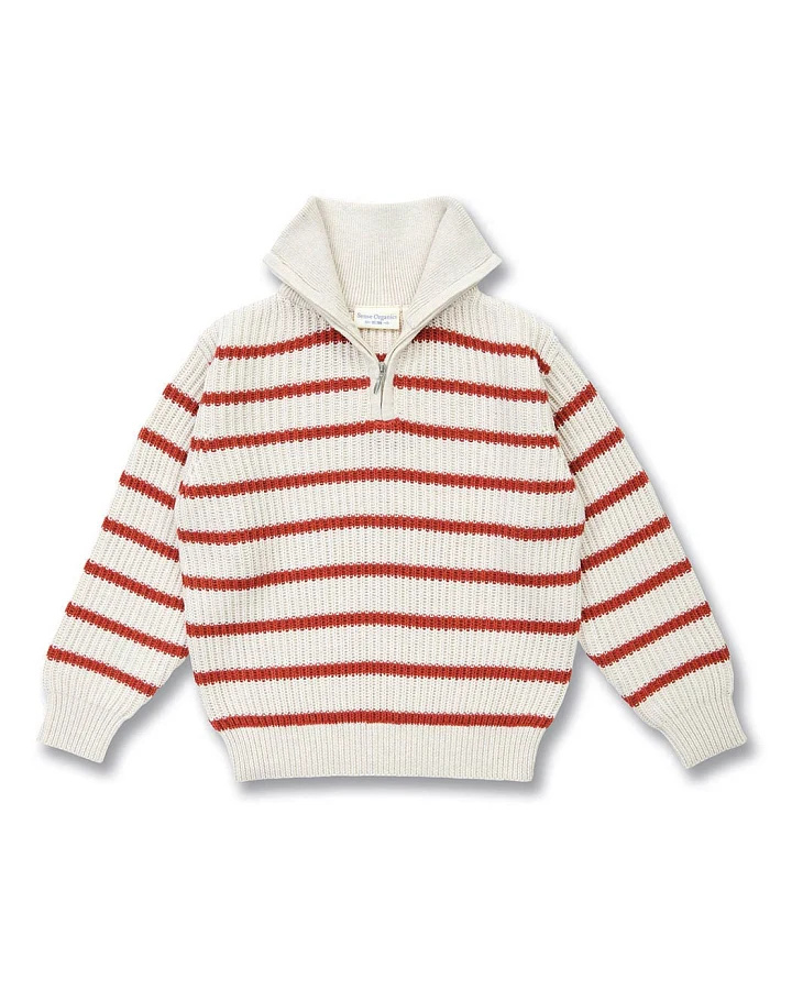 Kinder Strickpullover in Cremeweiß-Terrakottarot Melange geringelt, Modell LOORCA