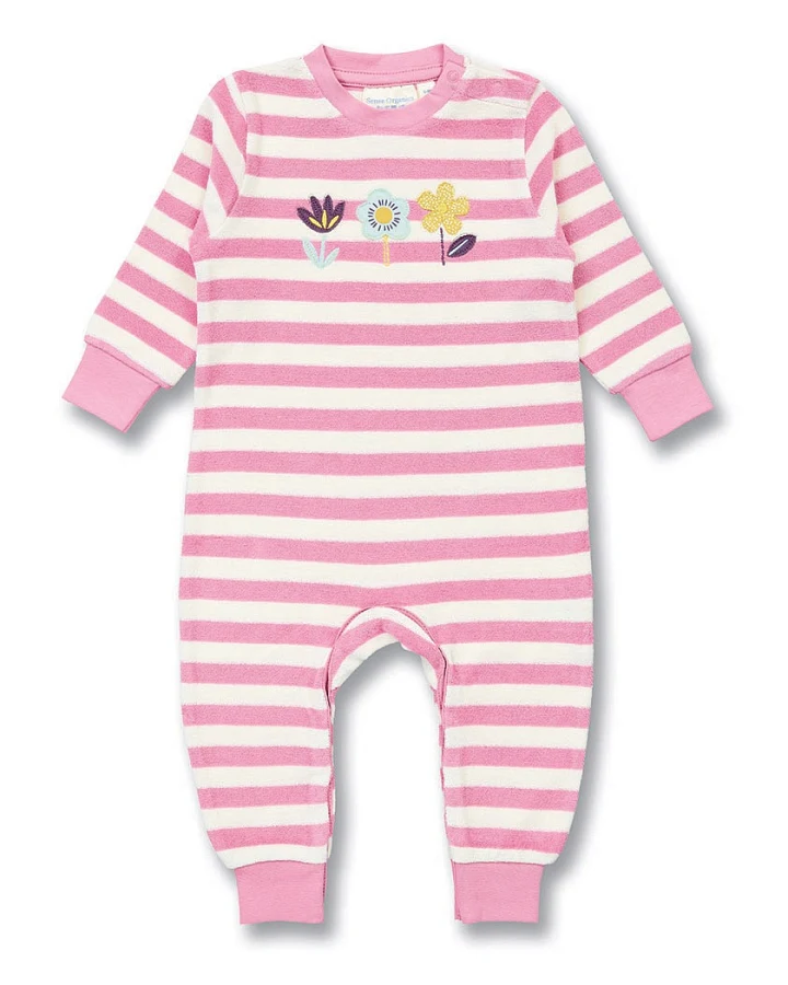 Strampler aus Frottee in Rosa geringelt, Modell VIKTOR