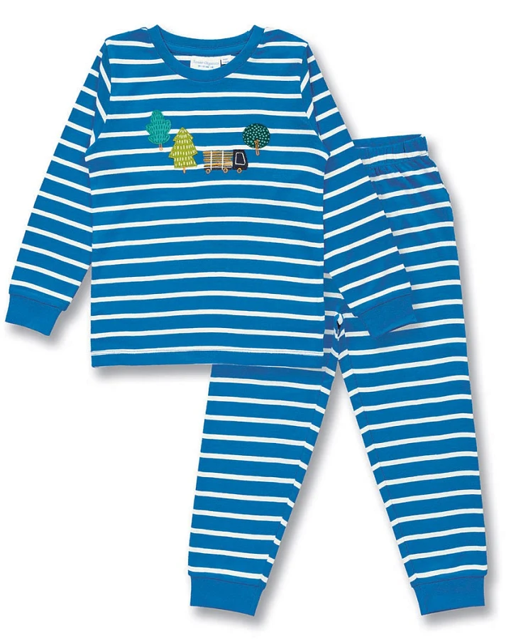 Kinder Schlafanzug in Blau-weiß geringelt, Modell LONG JOHN