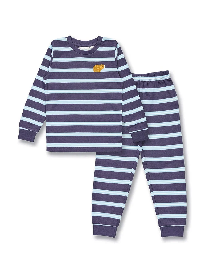 Kinder Schlafanzug in Blau geringelt, Modell LONG JOHN