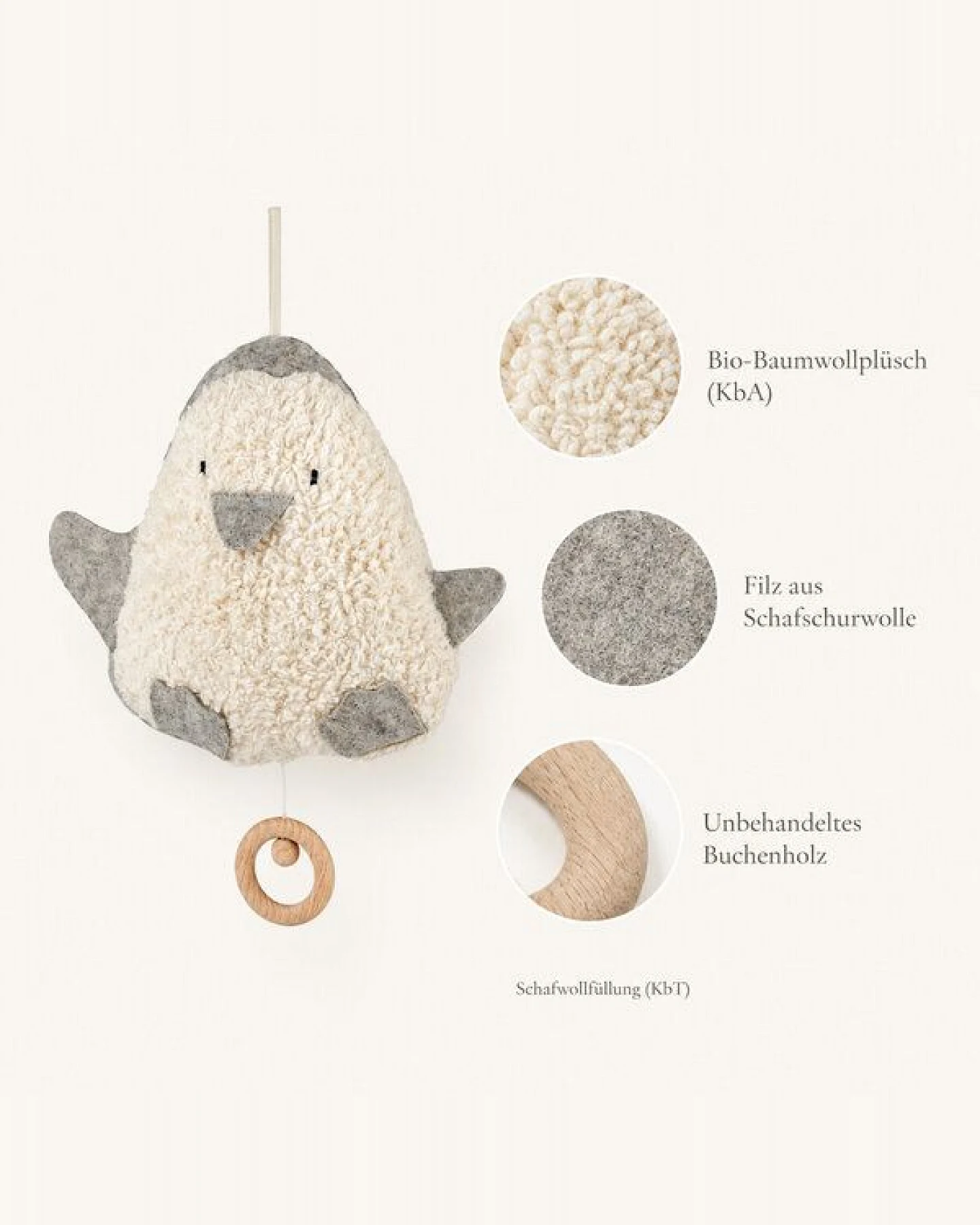 Efie Spieluhr Pinguin grau, kbA, 100 % Made in Germany – Ansicht 4