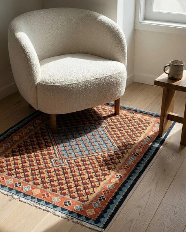 Kelim Senneh Beige „Rugtales“ aus Schurwolle, 105x148 cm