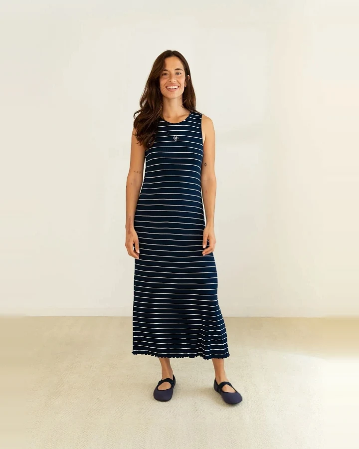 Clotsy Damen vegan Kleid Gerippt Sailor Blau
