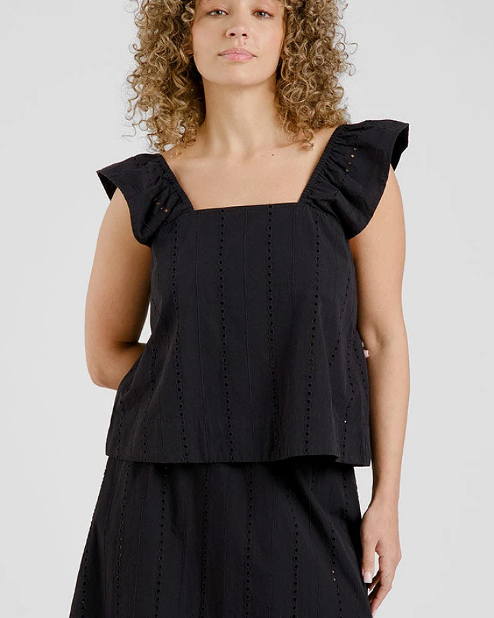 DEDICATED Damen vegan Top Furusund Schiffli Schwarz