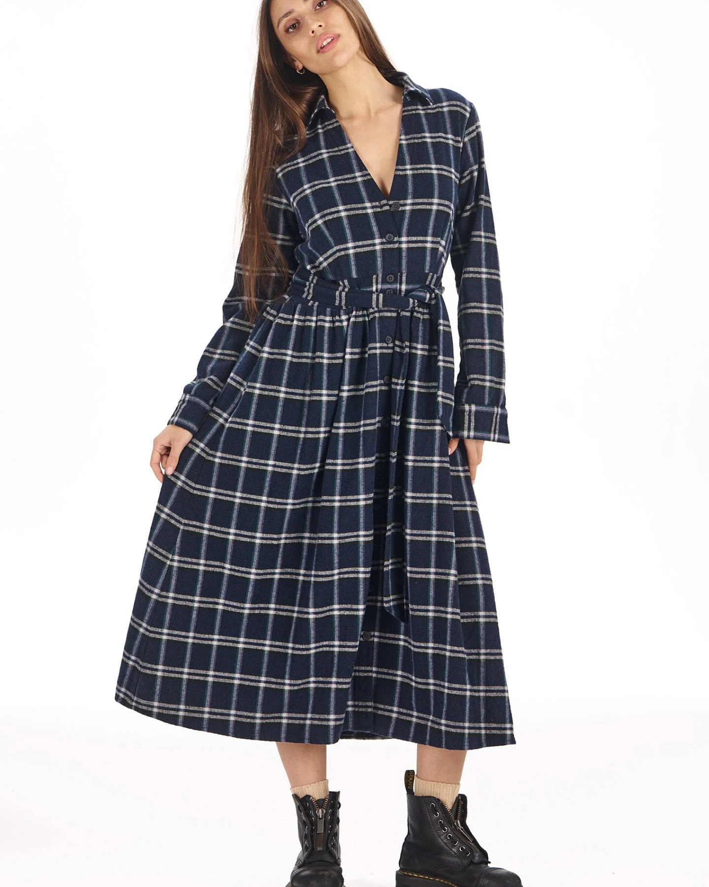 KOMODO Damen vegan Kleid Highland Navy Grün Kariert – Ansicht 2