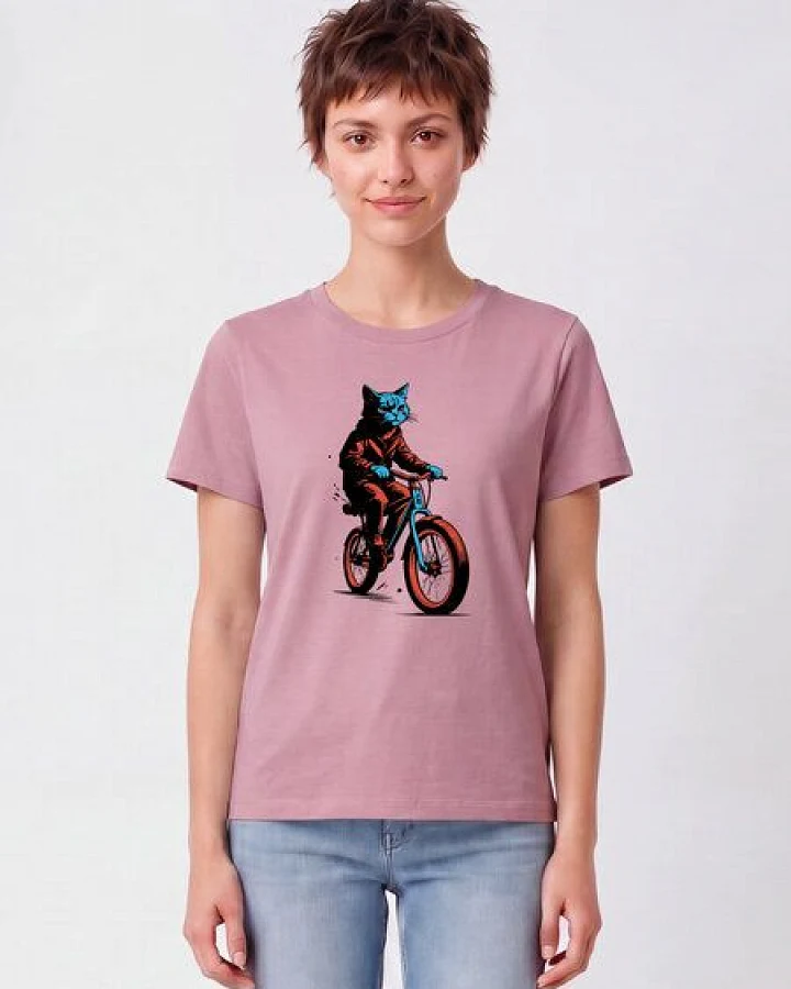 watapparel T-Shirt Frauen Katze auf Fahrrad