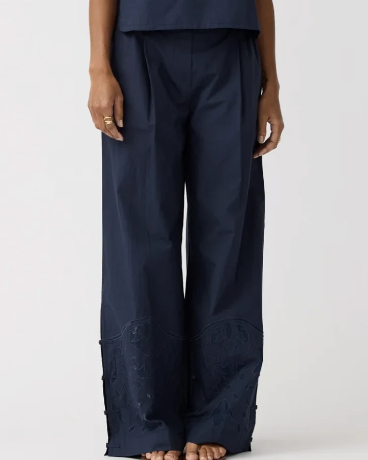 Alchemist Damen vegan Hose Mondblume Bestickt Navy