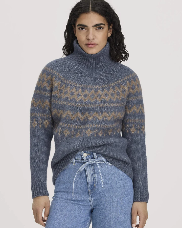 hessnatur Damen Rollkragenpullover Relaxed aus Alpaka und Bio-Baumwolle - blau - Größe L