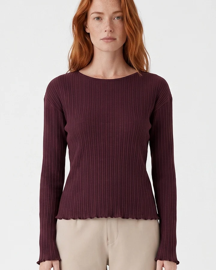 ORGANICATION Damen vegan Top Mit Langen Ärmeln Gerippter Strick Dunkles Weinrot