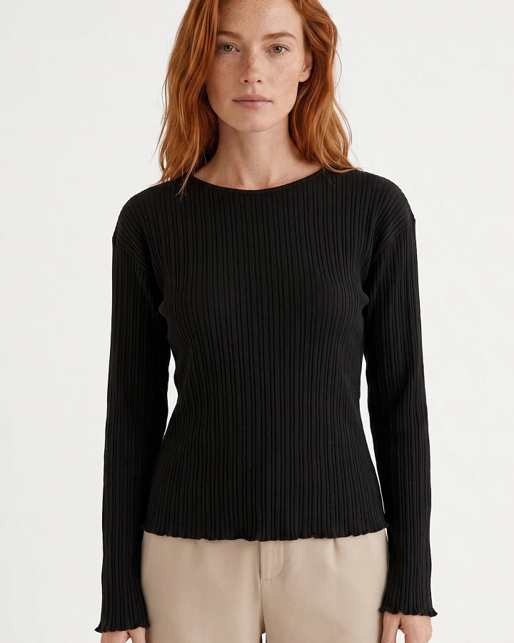 ORGANICATION Damen vegan Top Mit Langen Ärmeln Gerippter Strick Schwarz
