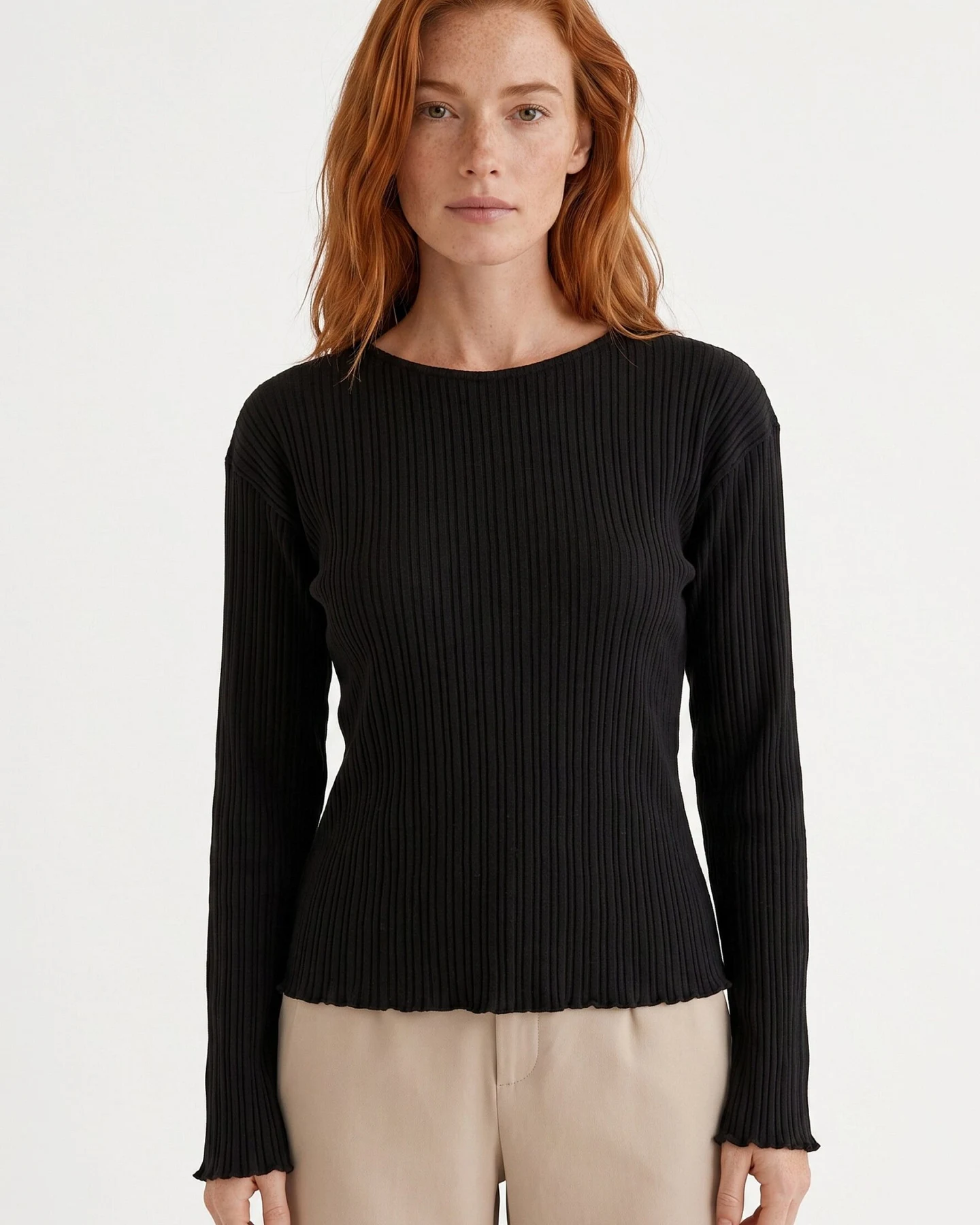 ORGANICATION Damen vegan Top Mit Langen Ärmeln Gerippter Strick Schwarz – Ansicht 2