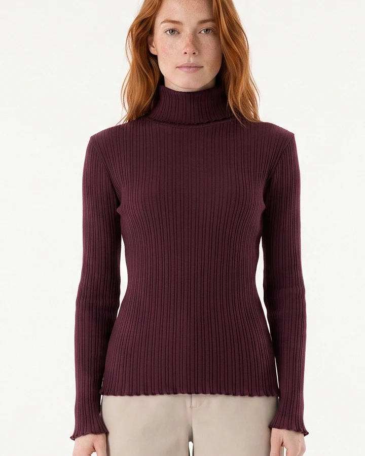 ORGANICATION Damen vegan Top Mit Rollkragen Aus Geripptem Strick Farbe „dark Wine“
